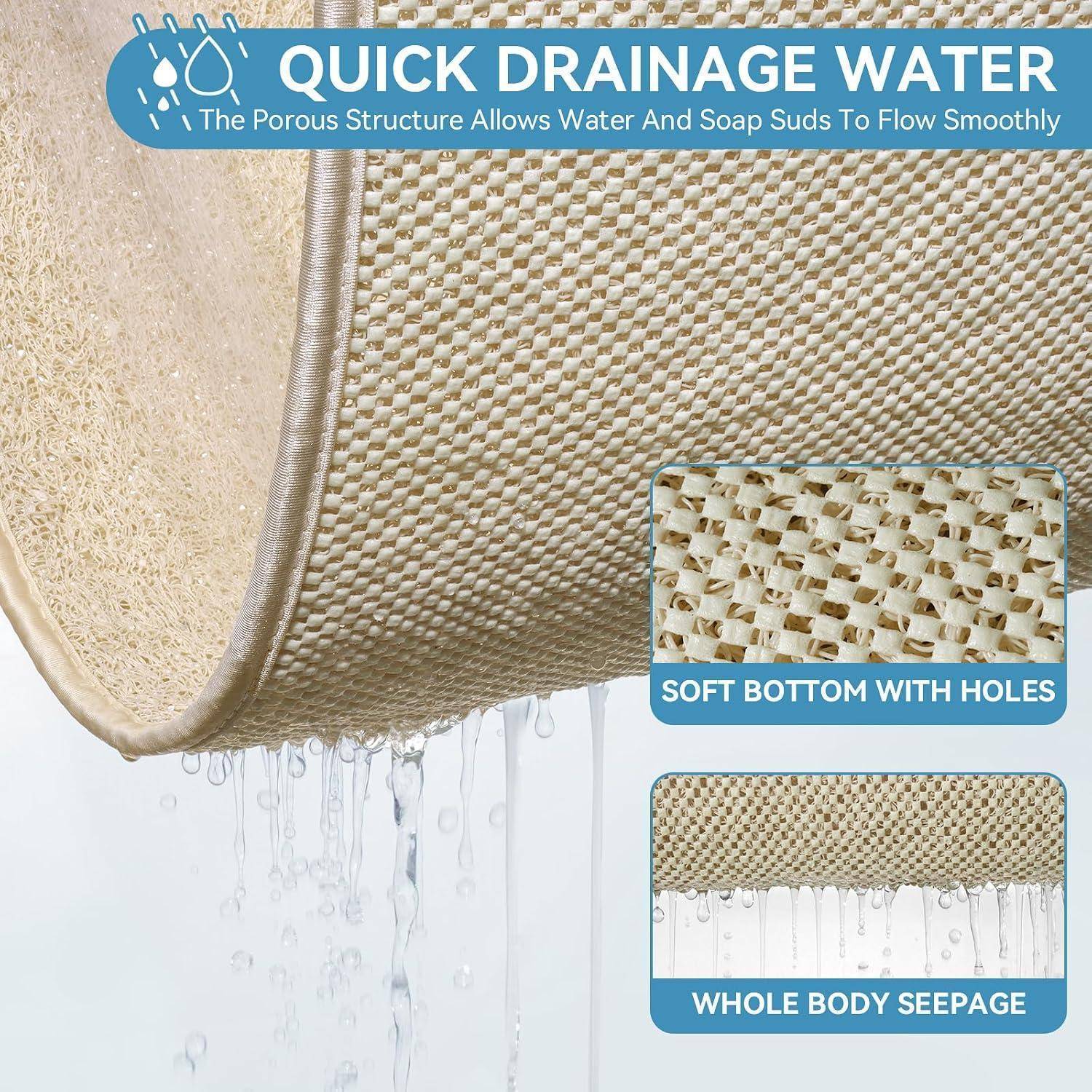 Nahaufnahme des Produkts einer beigefarbenen perforierten Badematte mit ablaufendem Wasser, beschriftet mit 