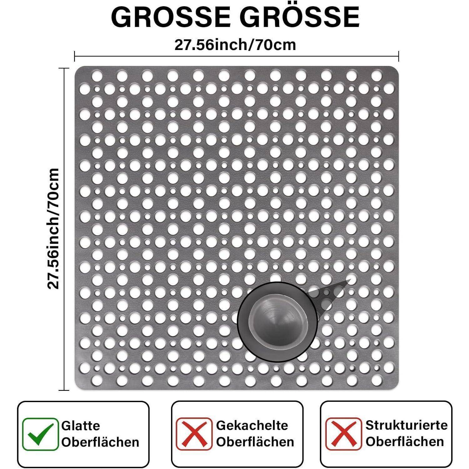 Perforierte graue Quadratmatte, 27,56 x 27,56 Zoll, gezeigt als geeignet für glatte Oberflächen und nicht für geflieste oder strukturierte Oberflächen.