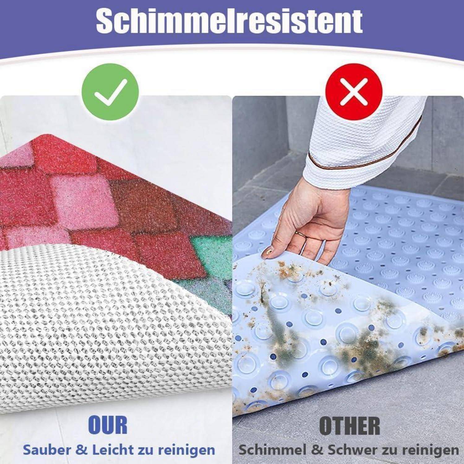 Vergleichsgrafik, die eine schimmmelresistente Matte zeigt: links 