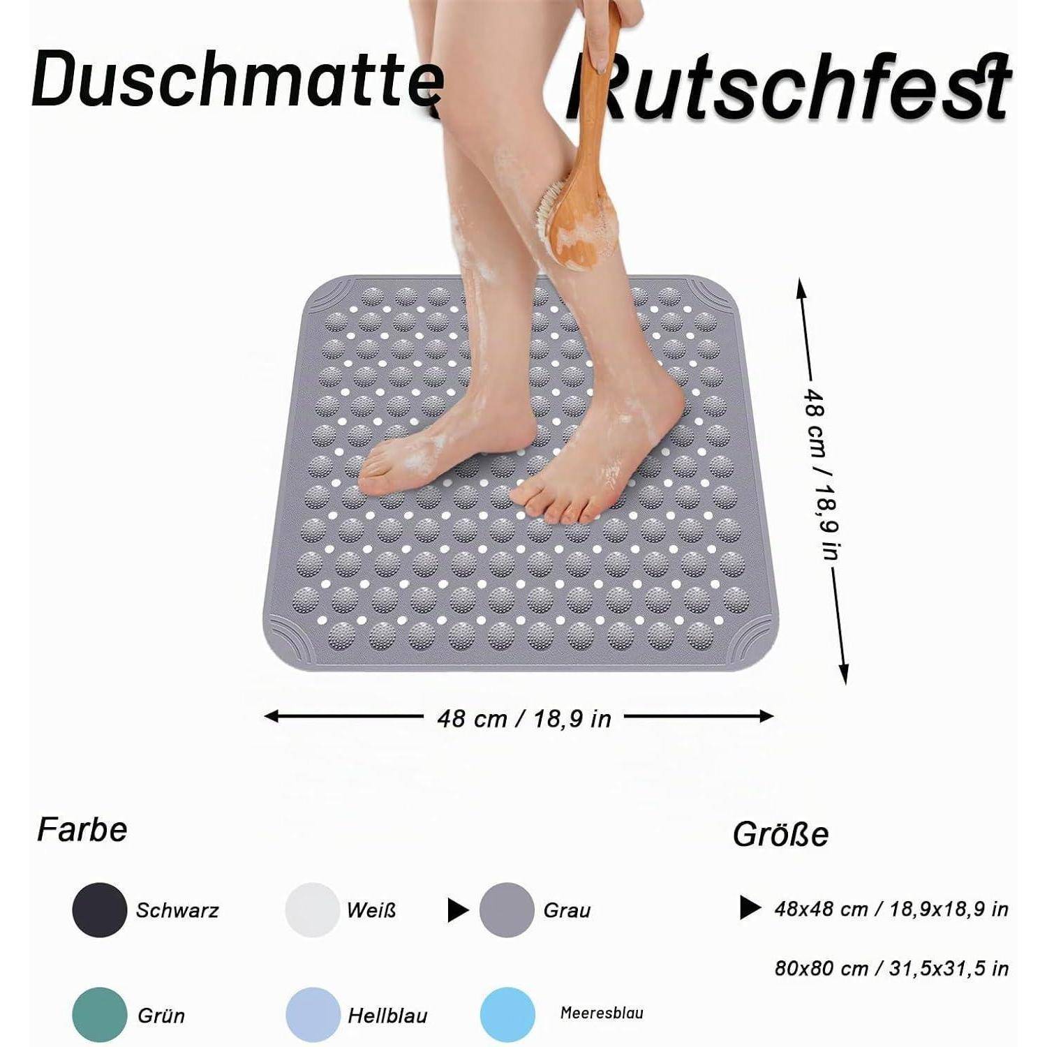 Produktbild einer rutschfesten Badewannenmatte mit Saugnäpfen, in Grau dargestellt, 48 x 48 cm, mit deutschen Beschriftungen für Farb- und Größenoptionen.