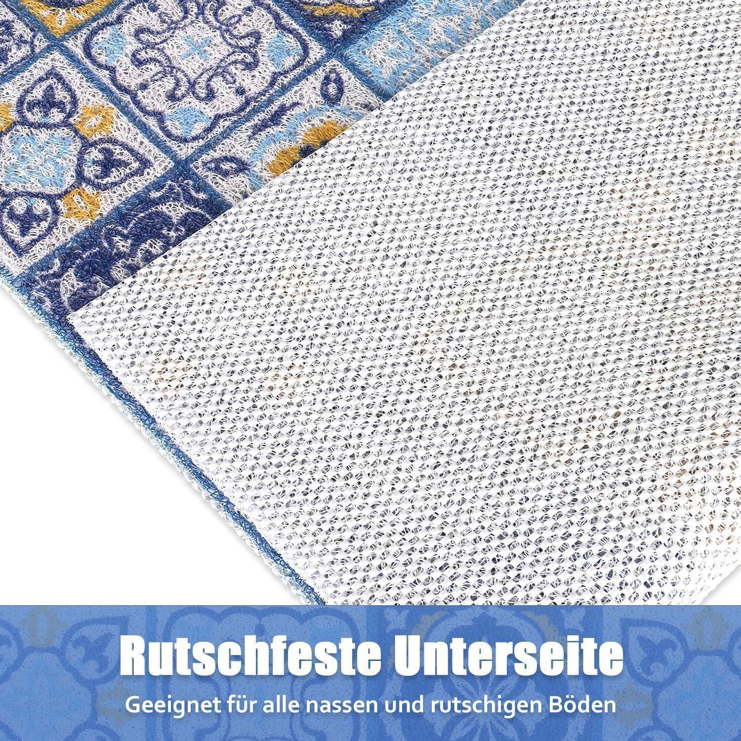 Nahaufnahme einer Teppichkante mit rutschfester Unterseite, mit deutschem Text „Rutschfeste Unterseite