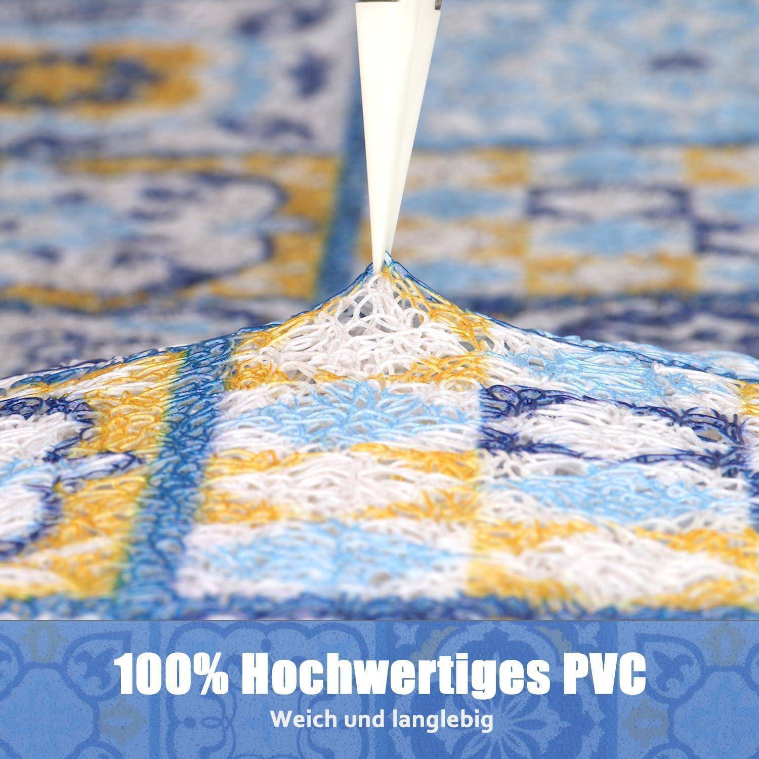 Nahaufnahme eines weißen Kegels, der eine gemusterte PVC-Oberfläche berührt, mit Text, der 
