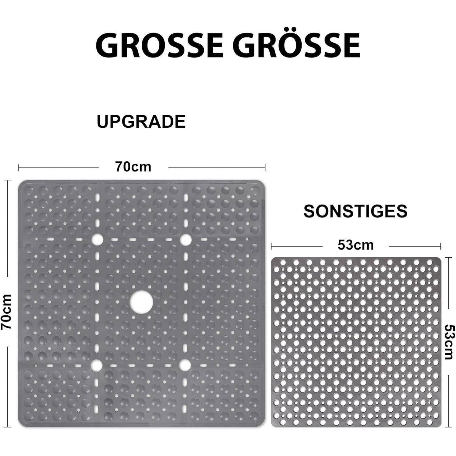 Größenvergleich zweier gelochter Matten: 'UPGRADE' ist 70 cm quadratisch mit Mittelloch, 'SONSTIGES' ist 53 cm quadratisch mit dicht angeordneten Löchern.