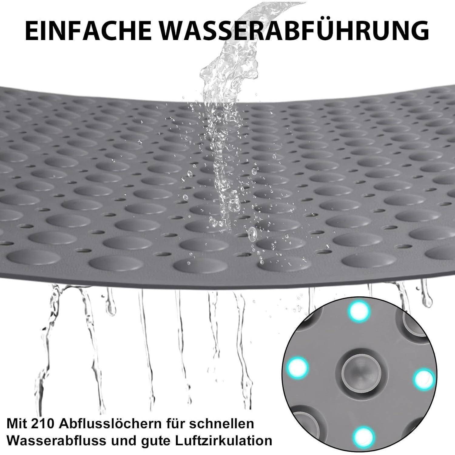 Produktbild einer perforierten grauen Matte, die Wasser ableitetet, mit der Bezeichnung „EINFACHE WASSERABFÜHRUNG