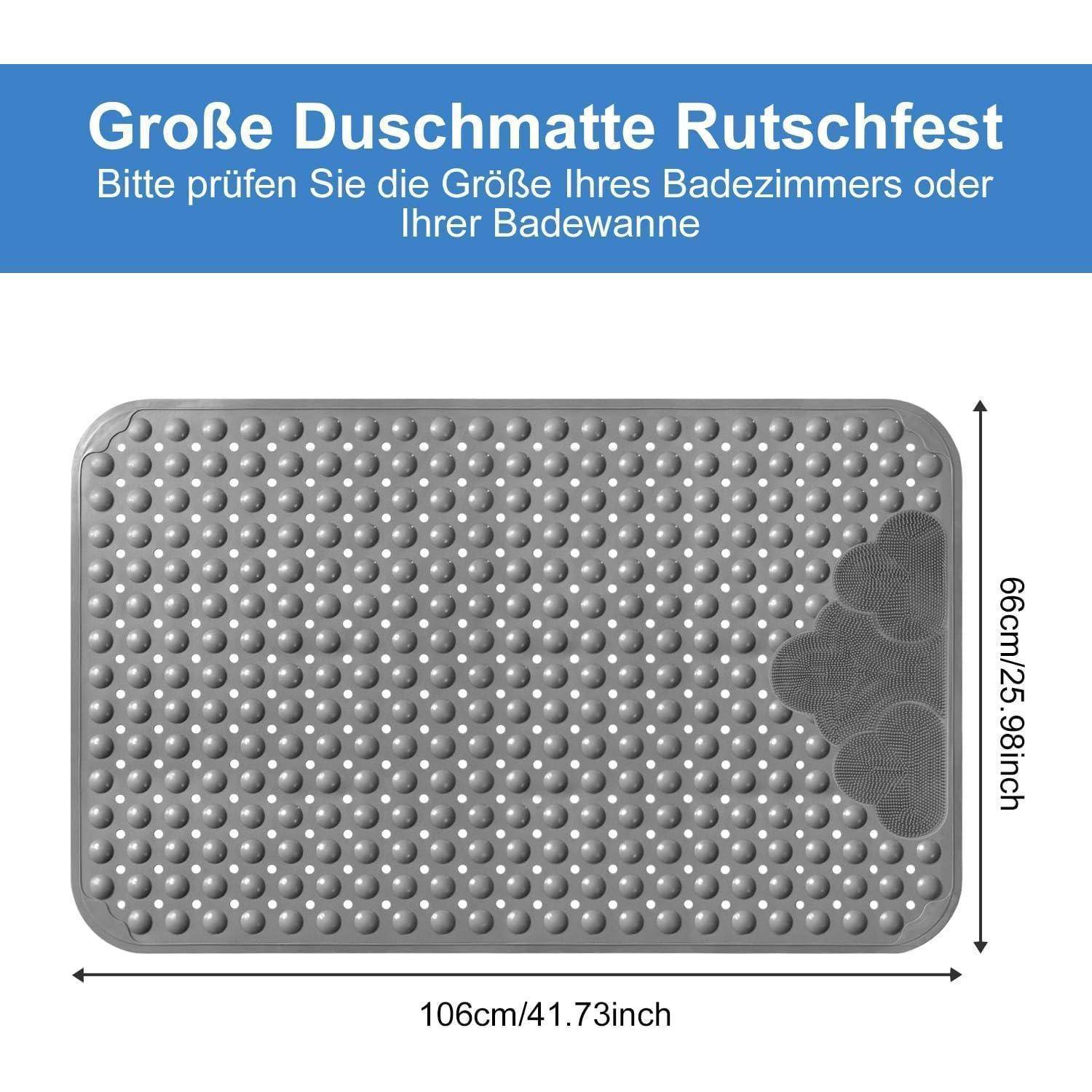 Graue rechteckige rutschfeste Badmatte, 106 cm x 66 cm, mit Saugnapfpunkten und blumenförmigem Ausschnitt; deutsche Textnotizen zur Überprüfung der Badezimmer- oder Badewannengröße.