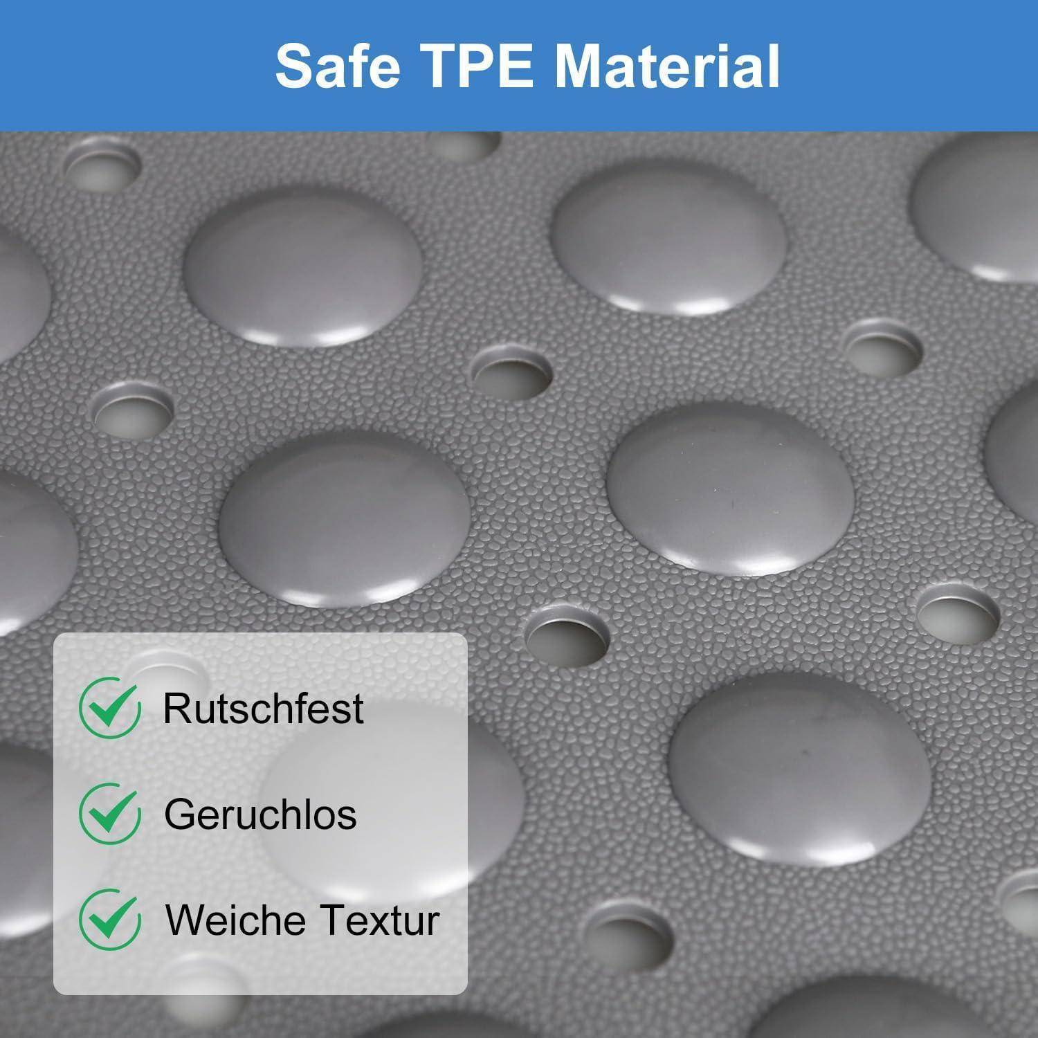 Graue strukturierte TPE-Oberfläche mit erhöhten kreisförmigen Noppen, beschriftet mit „Sicheres TPE-Material