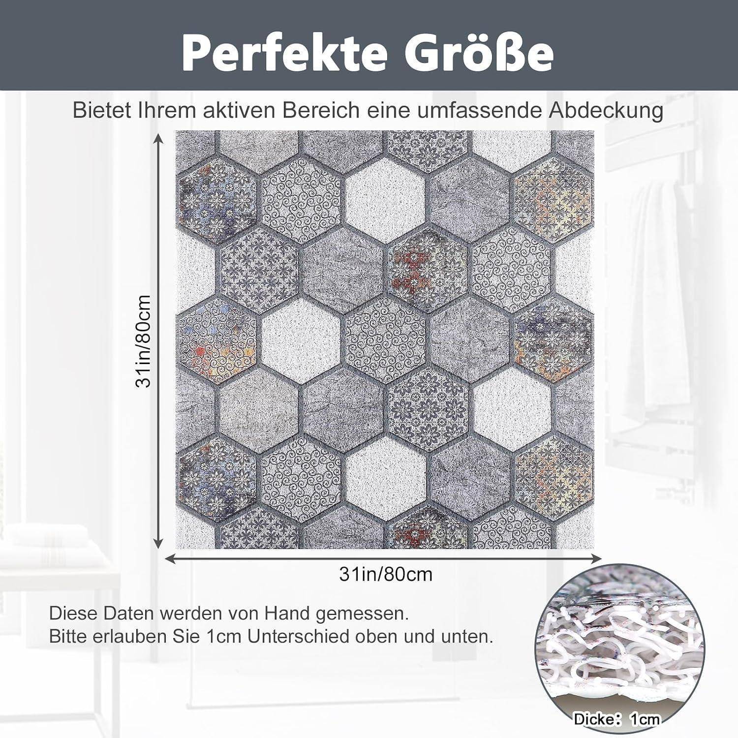 Produktbild eines Teppichs mit Sechseck-Muster, gekennzeichnet mit „Perfekte Größe