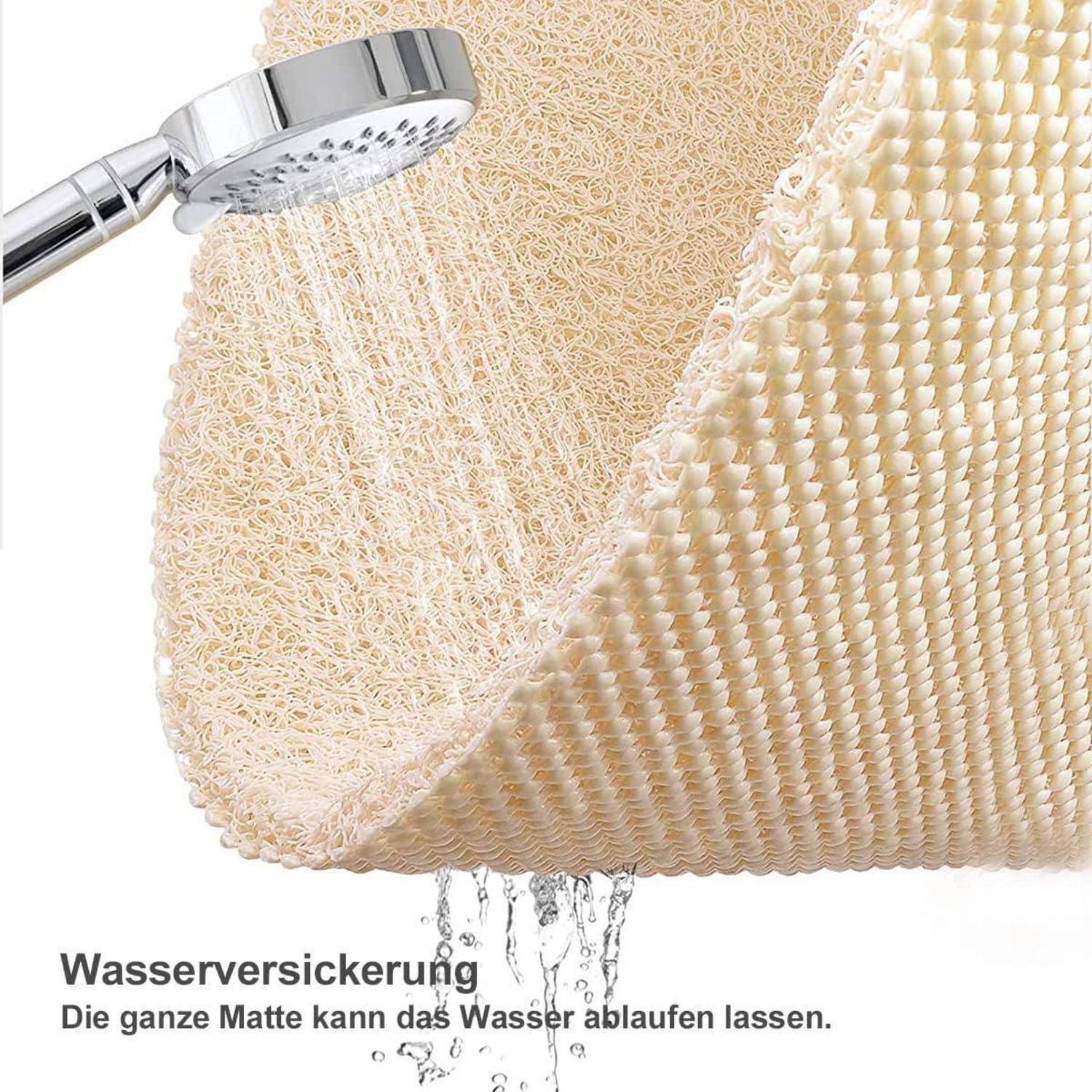Duschkopf sprüht Wasser auf eine beigefarbene strukturierte Badematte und zeigt die Drainage; der deutsche Text lautet „Wasserversickerung