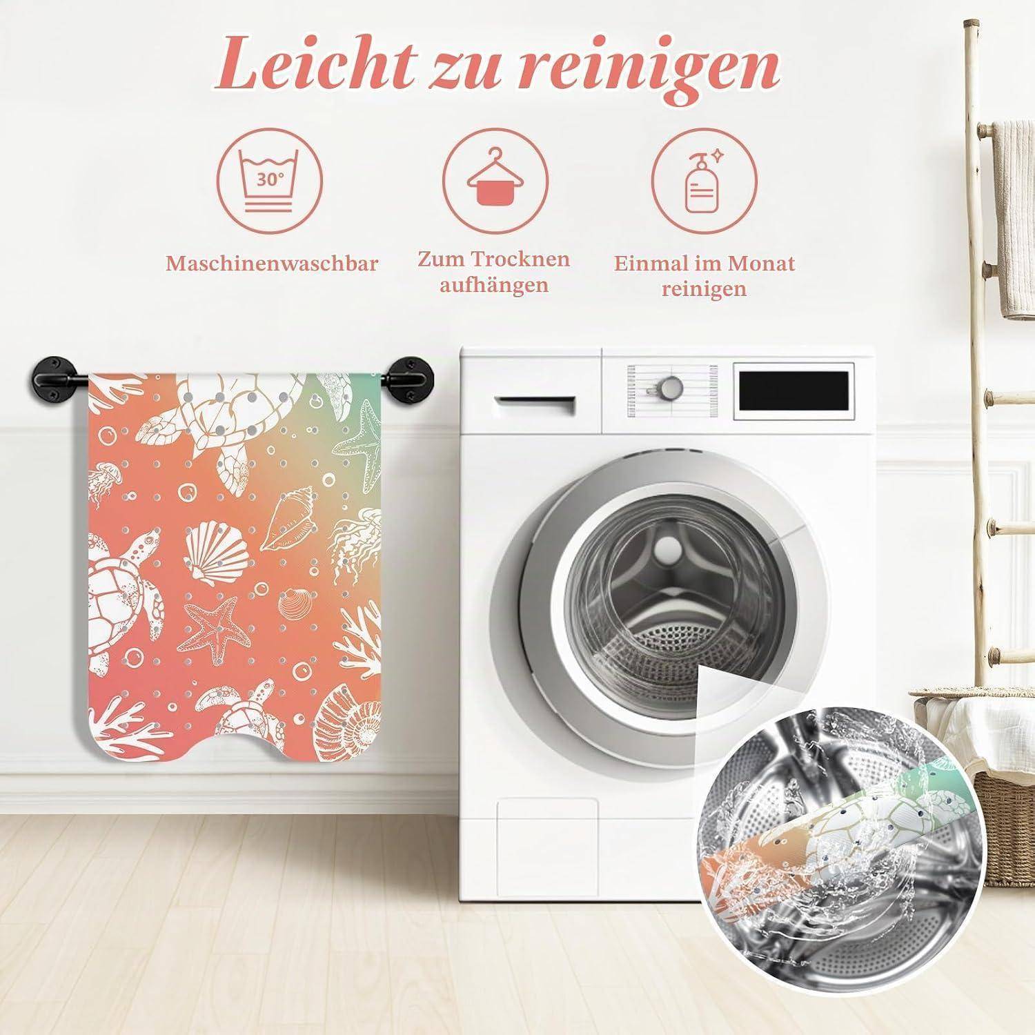 Anzeige für eine maschinenwaschbare Hängewäschetasche; Deutscher Text sagt „Leicht zu reinigen