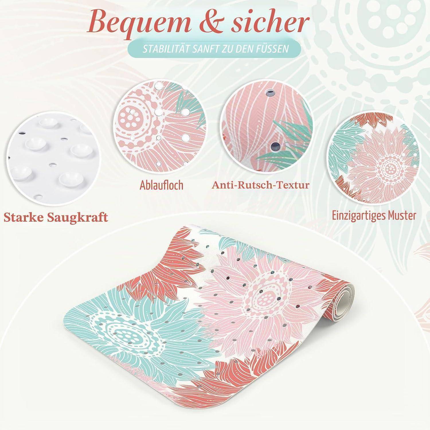 Promotionalbild einer gemusterten Badmatte mit starkem Saugvermögen, Drainagelöchern und rutschfestem Belag; Text besagt „Bequem & sicher