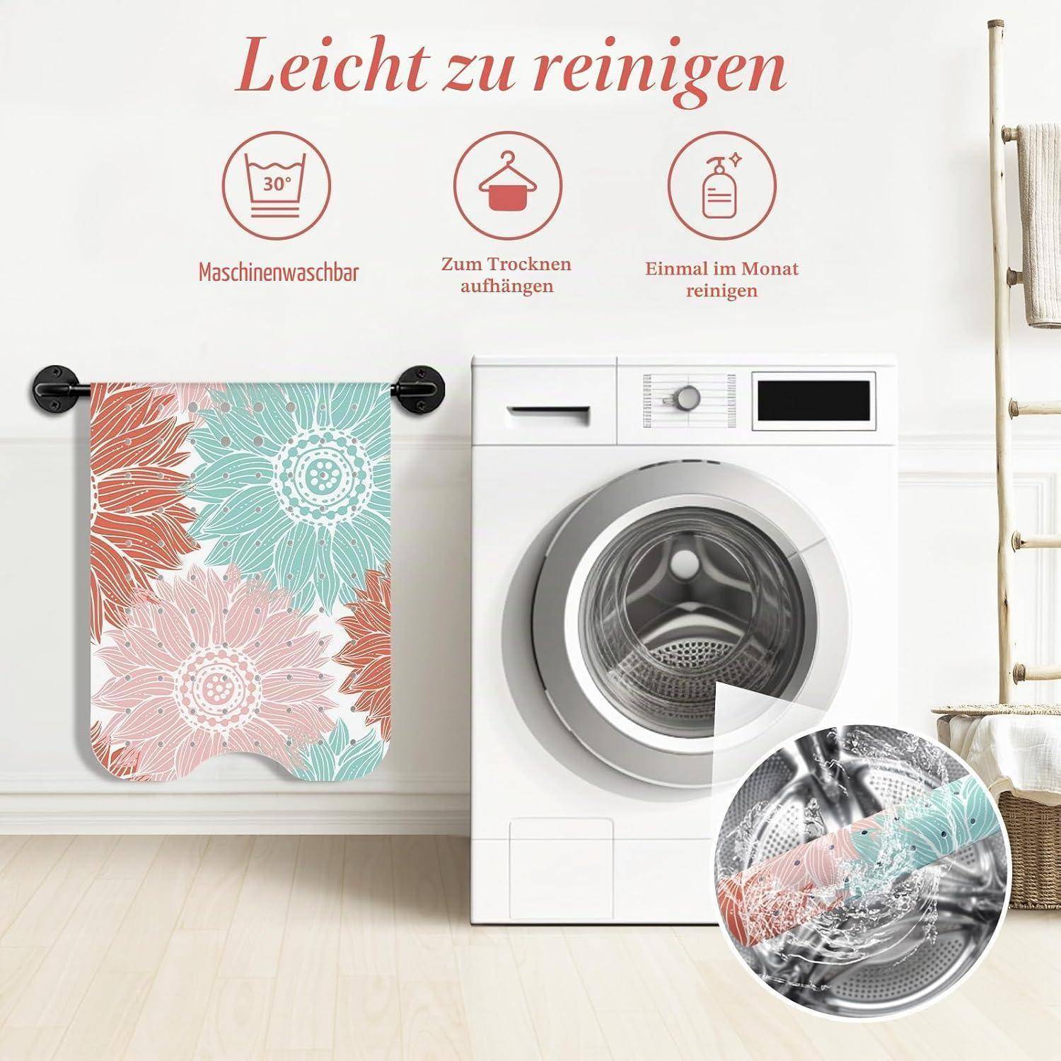 Anzeige für eine Badematte: 'Leicht zu reinigen', bei 30° maschinenwäschbar, zum Trocknen aufhängen, einmal monatlich reinigen, gezeigt neben einer Waschmaschine und einer Trocknungsmatte.