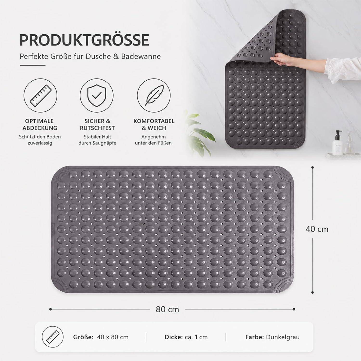 Grafik, die eine dunkelgraue strukturierte Badmatte zur Verwendung in Dusche und Badewanne zeigt, mit den Maßen 80 cm x 40 cm und etwa 1 cm Dicke, mit Symbolen für Abdeckung, rutschfeste Griffigkeit und Komfort.
