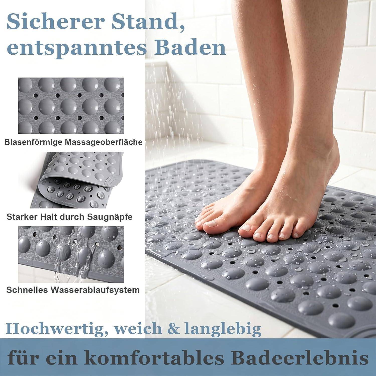 Badewannenmatte 40x80cm Grau mit Ablauflöchern & Saugnäpfen