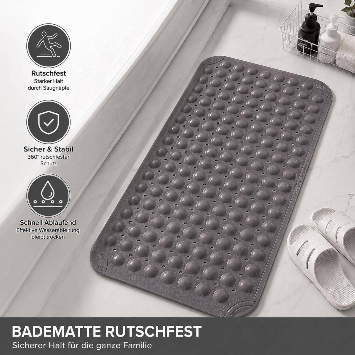 Grauer rutschfester Badezimmerteppich, gezeigt mit Symbolen, die starken Sauggriff, 360°-Rutschfestigkeit und schnelle Wasserdrainage hervorheben.