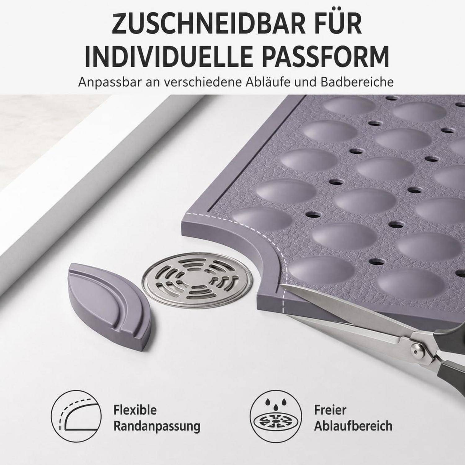 Verstellbares Duschflächenpaneel wird zugeschnitten, um sich einer benutzerdefinierten Badezimmergrundriss anzupassen, mit Ablauföffnung und gekennzeichneten Merkmalen 