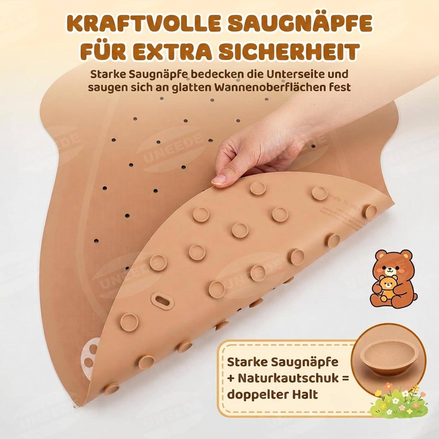 Anzeige für eine braune Badmatte mit Saugnapfen; Der deutsche Text besagt, dass starke Saugnapfen zusätzliche Sicherheit bieten und fest auf glatten Badewannenflächen halten.