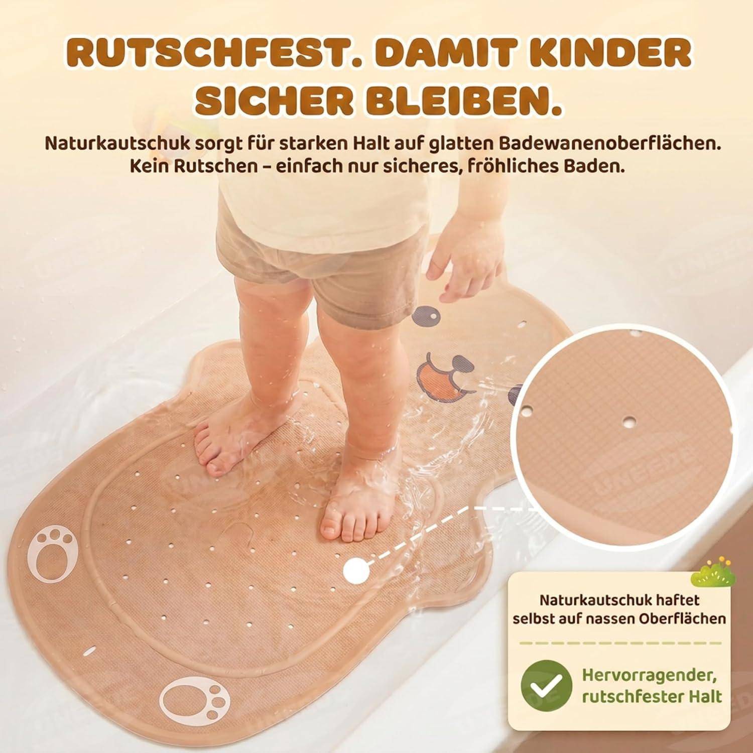 Deutsches Werbeplakat zeigt ein Kind, das auf einer rutschfesten Badmatte in einer Badewanne steht und wirbt für natürlichen Gummigriff für sicheres, rutschfreies Baden.