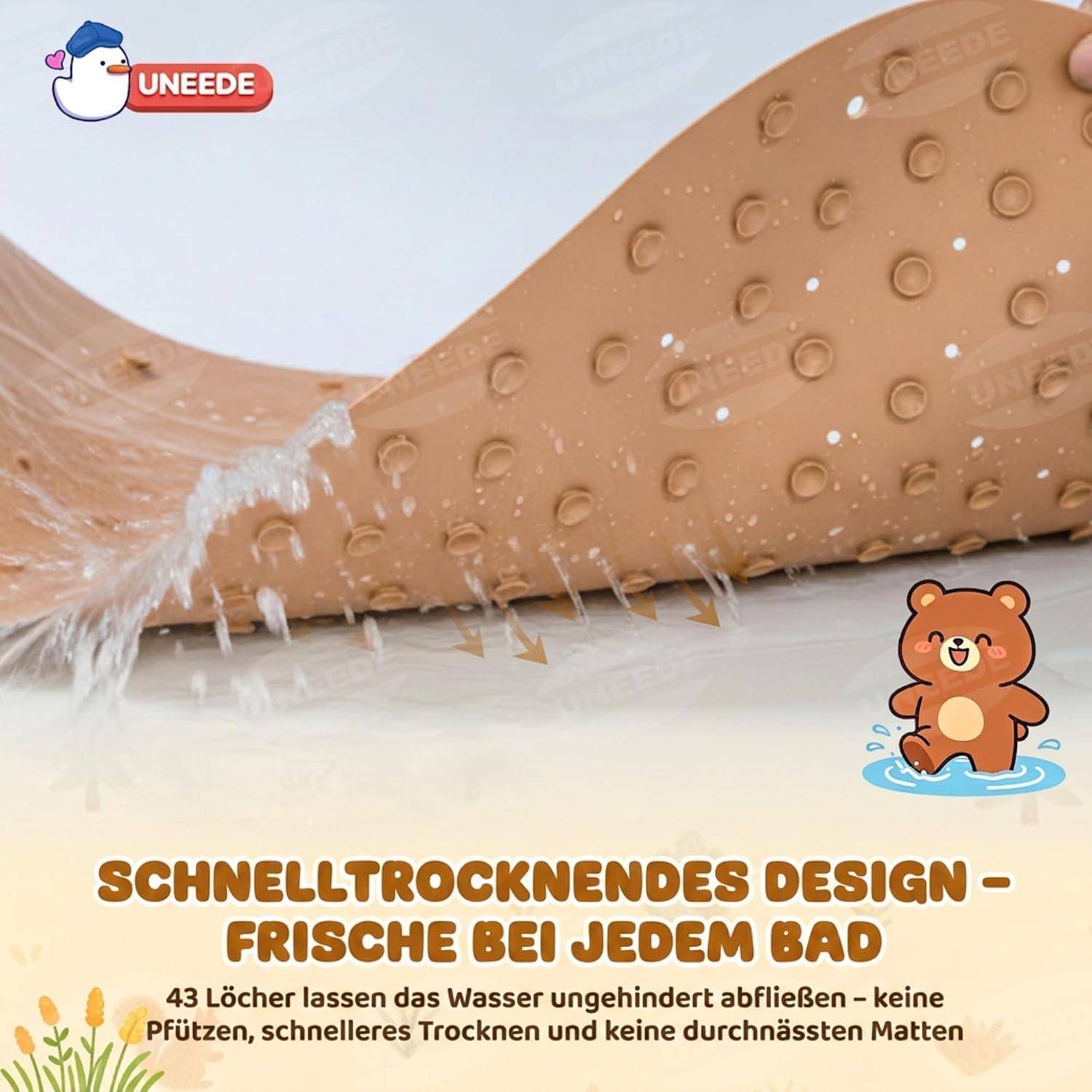 Schnelltrocknende Badematte mit 43 Löchern, durch die Wasser abfließt; Text lautet „SCHNELLTROCKNENDES DESIGN – FRISCHE BEI JEDER BAR