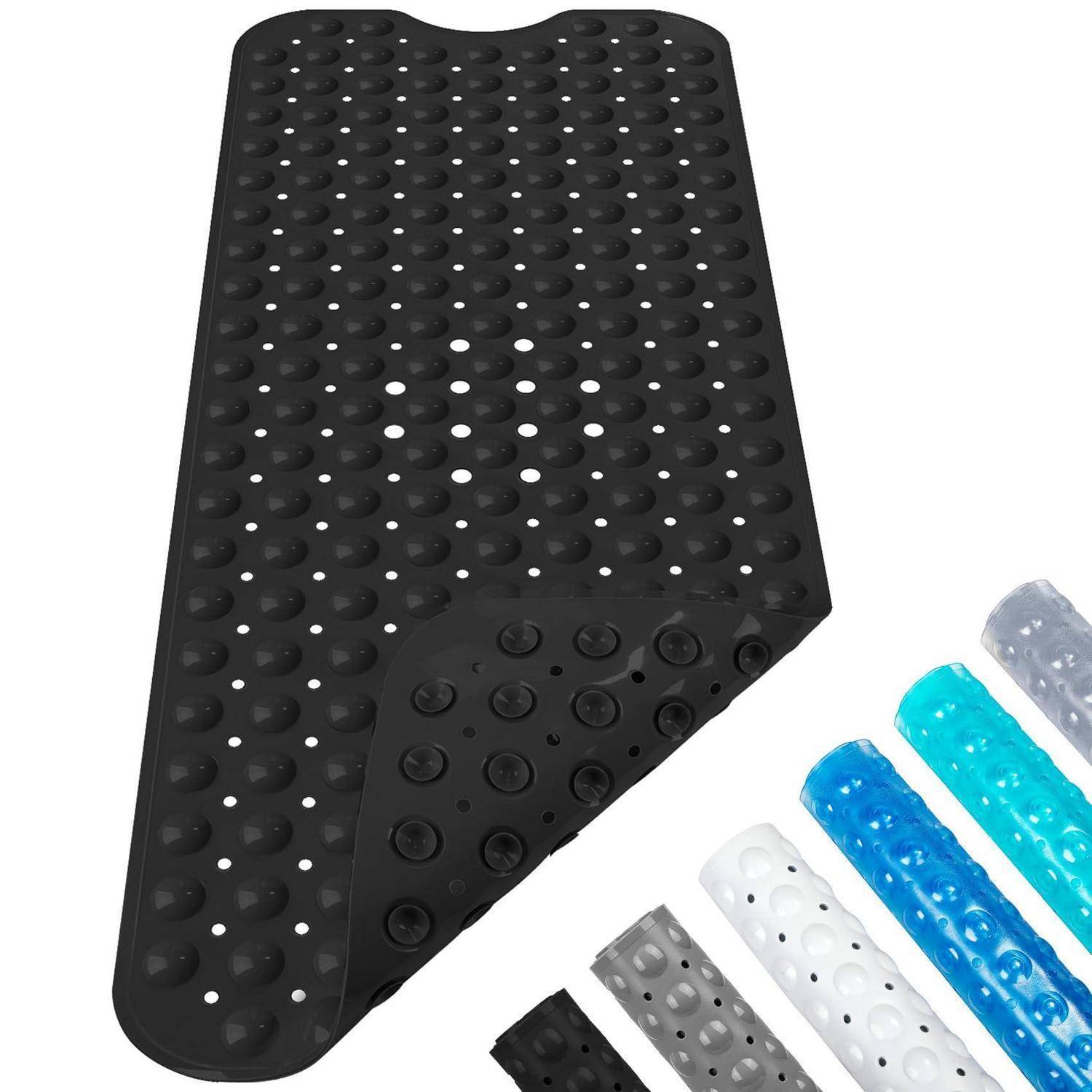 Schwarze perforierte Gummimatte mit umgeknickter Ecke, gezeigt mit vier Farboptionen: grau, weiß, blau und transparent.