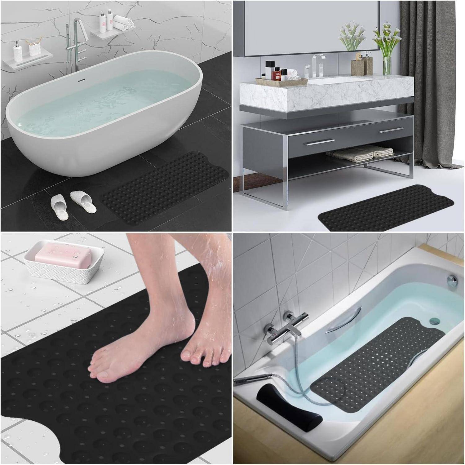 Collage mit schwarzen strukturierten rutschfesten Matten, die im Badezimmer verwendet werden, neben einer Badewanne, Dusche und einem Waschtisch, um Ausrutschungen zu verhindern und Wasser aufzusaugen.