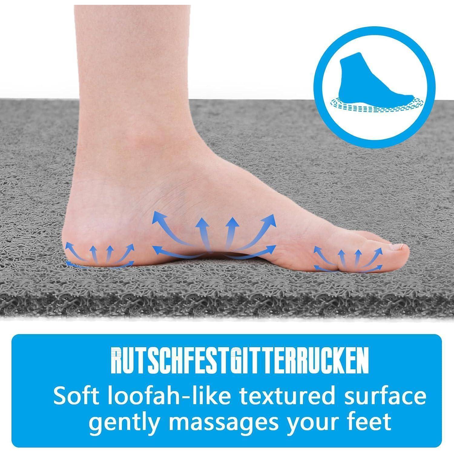 Fuß tritt auf eine gepolsterte rutschfeste Matte mit Pfeilen, die Druckentlastung zeigen; der Text besagt „RUTSCHFESTGITTERRÜCKEN