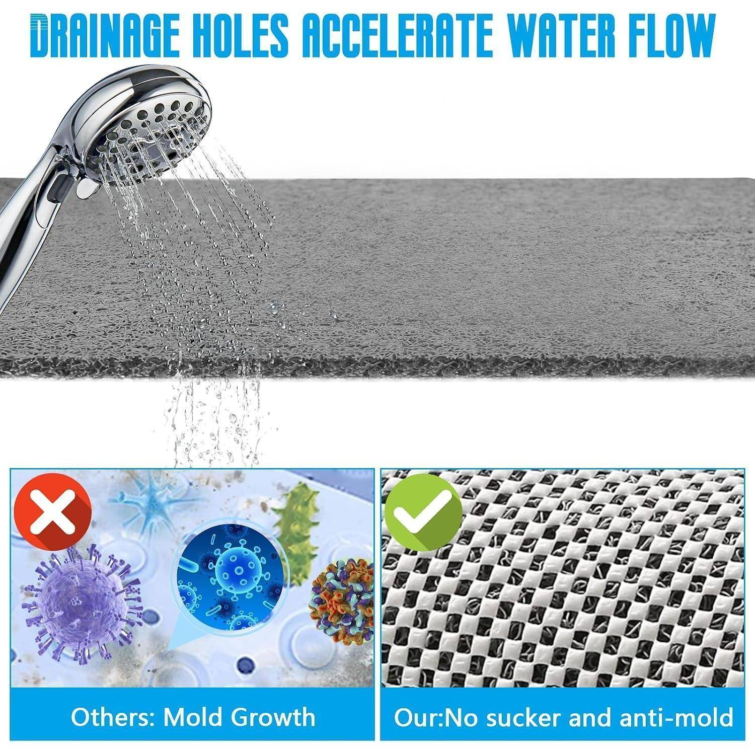Duschkopf sprüht Wasser über eine graue Matte mit Text „Drainage-Löcher beschleunigen den Wasserfluss