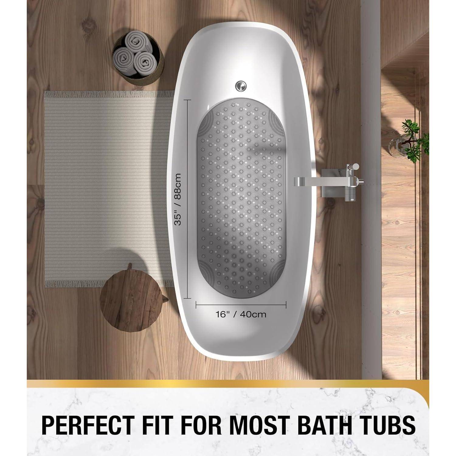 Draufsicht eines freistehenden ovalen Badewanne auf einem Holzboden, beschriftet mit 35,4' x 16' und 'PERFEKTE PASSFORM FÜR DIE MEISTEN BADEWANNEN'.