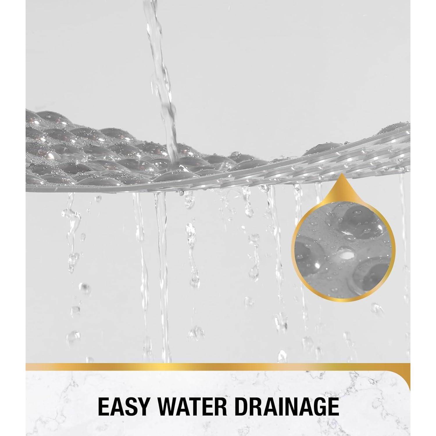 Werbegrafik mit Wasser, das über eine strukturierte Oberfläche fließt, mit Tropfen, die hinunterfließen, mit der Aufschrift „LEICHTE WASSERABLEITUNG