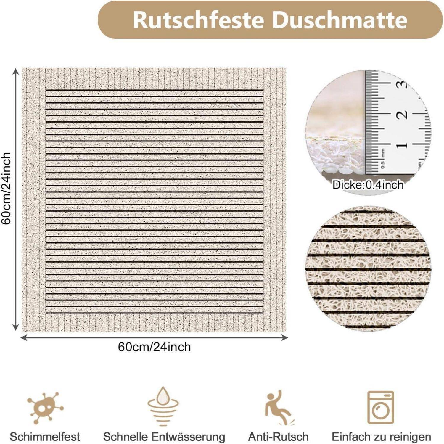 Produktgrafik einer rechteckigen rutschfesten Duschenmatte, 60 cm mal 60 cm, 0,4 Zoll dick, mit Nahaufnahmen und Symbolen für Schimmelresistenz, schnelle Drainage, rutschsicher und leichte Reinigung.