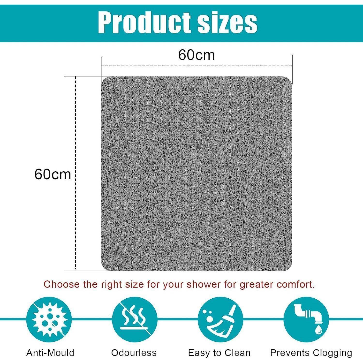 Produktgrößentabelle mit einem quadratischen Duschvorleger von 60 cm x 60 cm mit folgenden Eigenschaften: Anti-Schimmel, geruchlos, leicht zu reinigen und verstopfungsfrei.