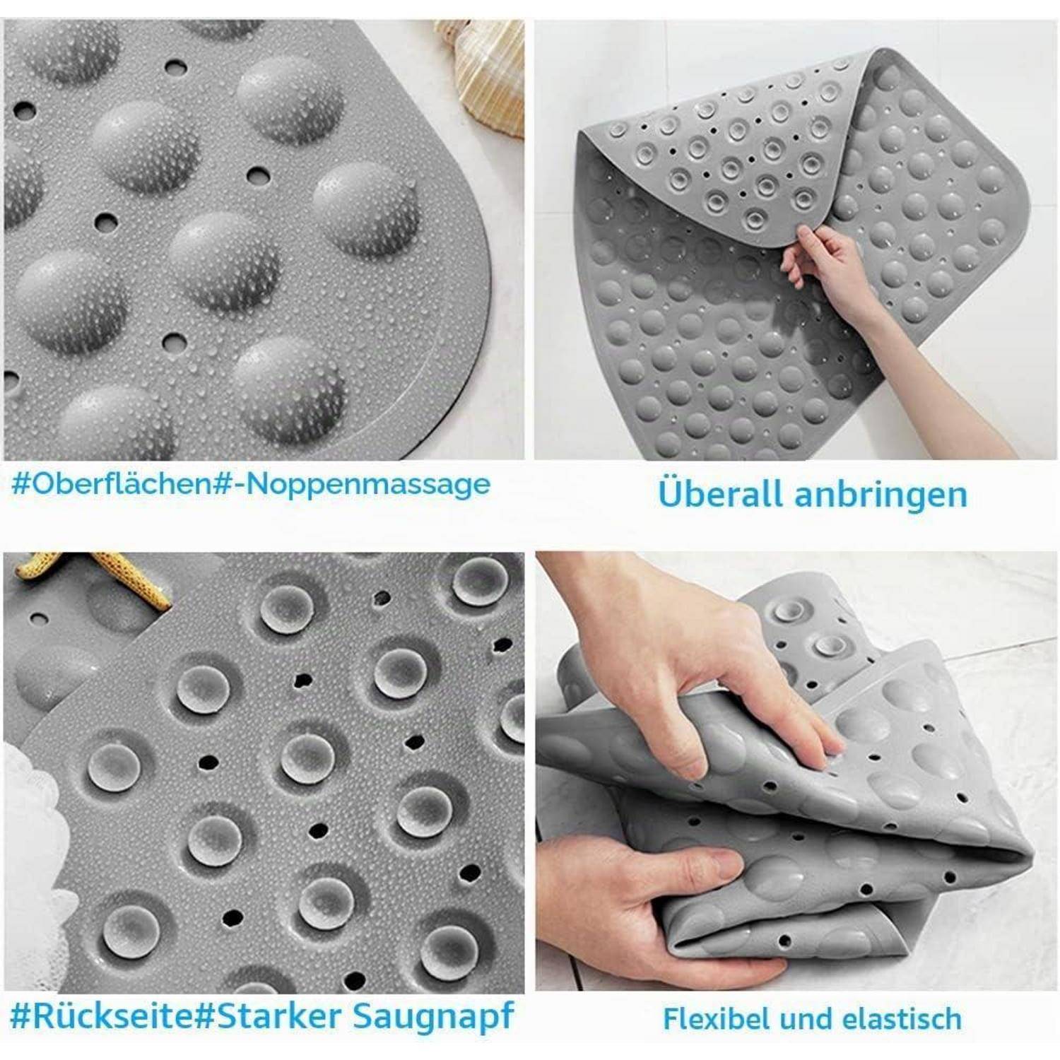 Graue strukturierte rutschfeste Matte mit erhabenen Saugnoppen, vergrößert dargestellt und in Händen gefaltet; deutsche Beschriftungen vermerken Oberflächenmassage, starken Saugeffekt, Flexibilität und Verwendbarkeit überall.