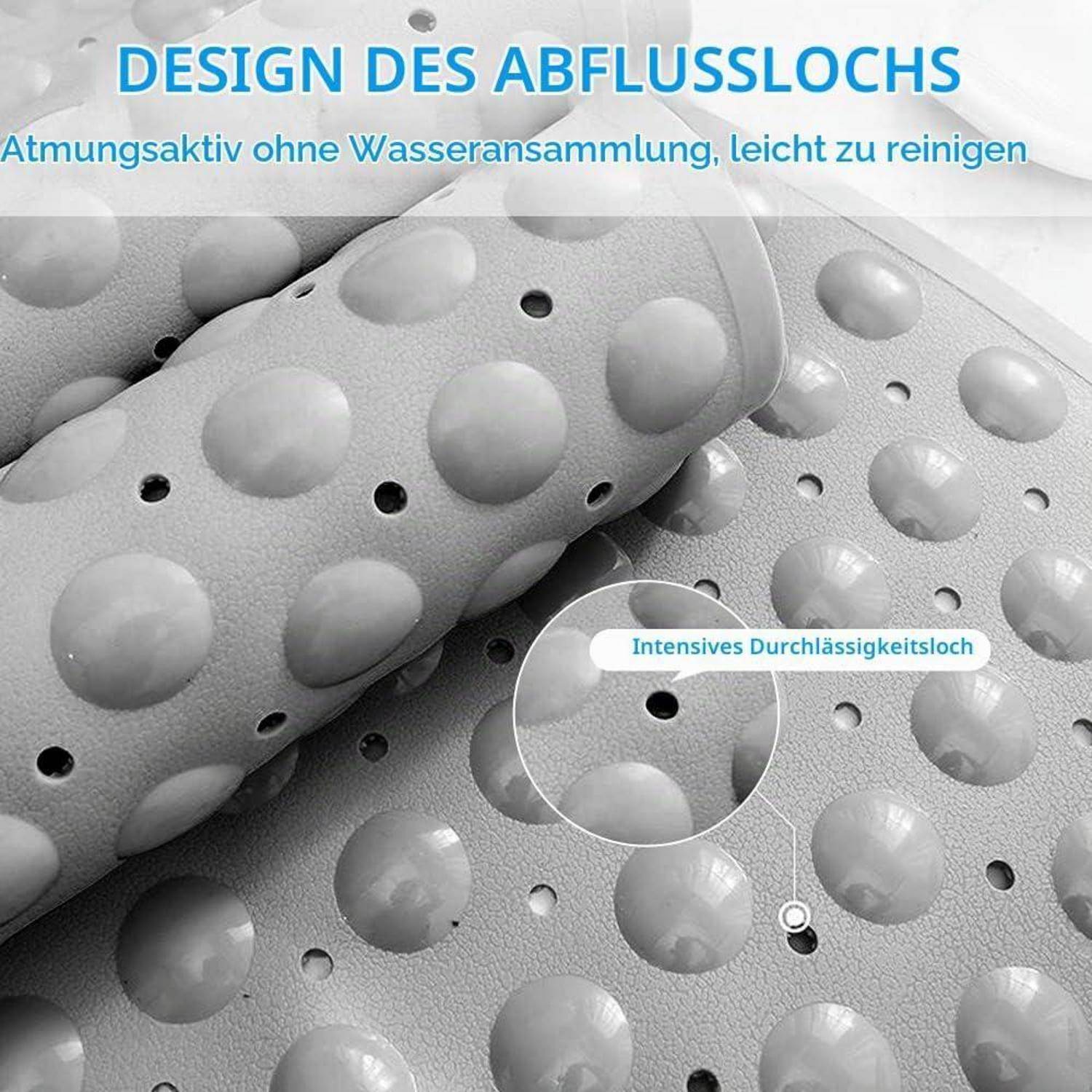 Nahaufnahme eines grauen strukturierten Materials mit erhobenen Wassertropfen und Perforationen; deutscher Text hebt 'DESIGN DES ABFLUSSLOCHS' und 'Atmungsaktiv ohne Wasseransammlung, leicht zu reinigen' hervor.