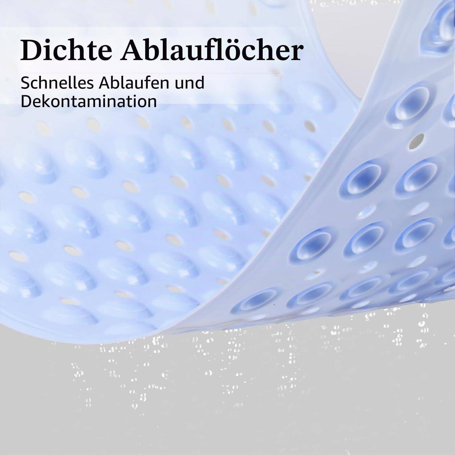 Nahaufnahme einer blauen gelöcherten Oberfläche mit deutschem Text „Dichte Ablauföcher