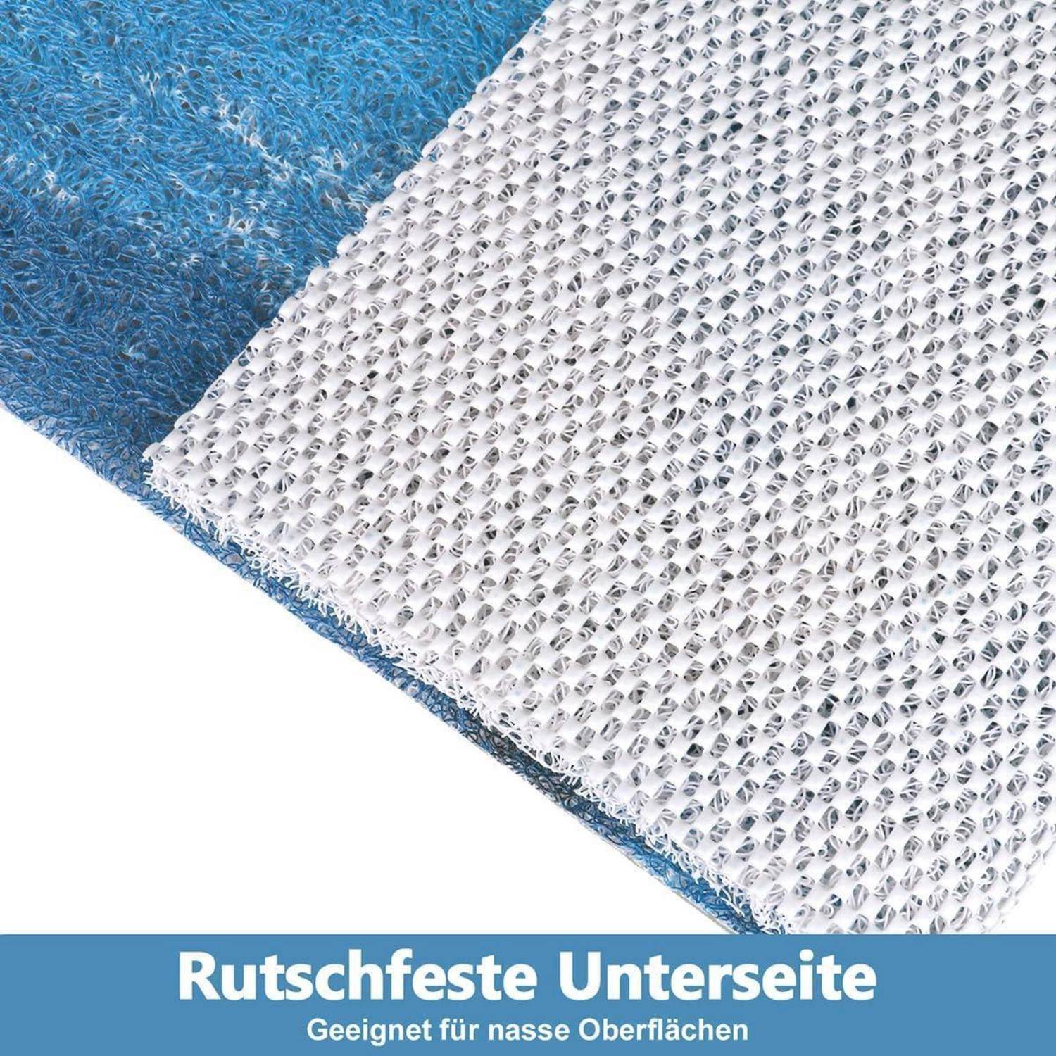 Nahaufnahme einer strukturierten rutschfesten Matte mit blauer Unterseite; deutscher Text liest „Rutschfeste Unterseite