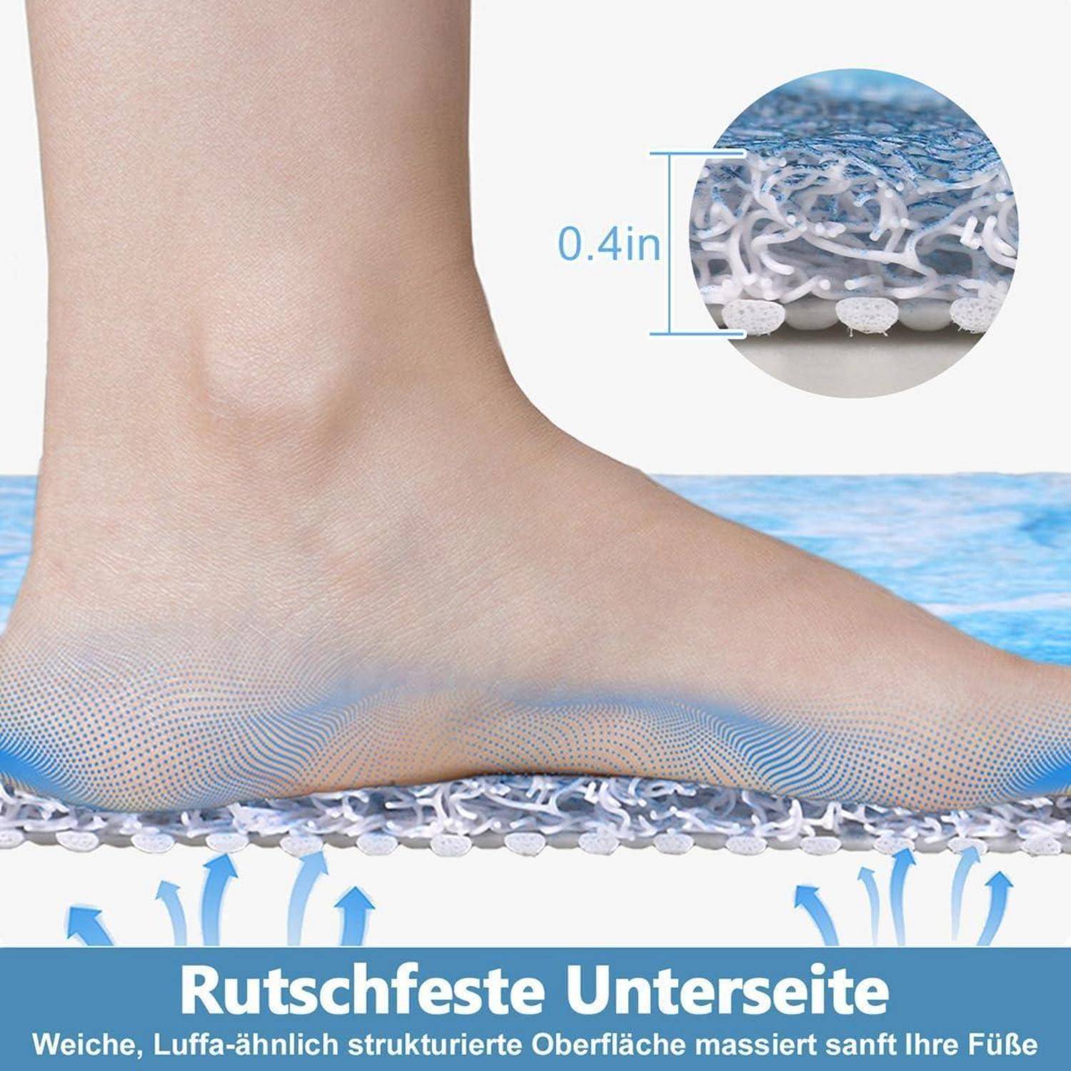 Fuß auf einer gepolsterten rutschfesten Matte mit strukturierter Unterseite; Ausschnitt zeigt eine Stärke von 0,4 Zoll und deutschen Text „Rutschfeste Unterseite