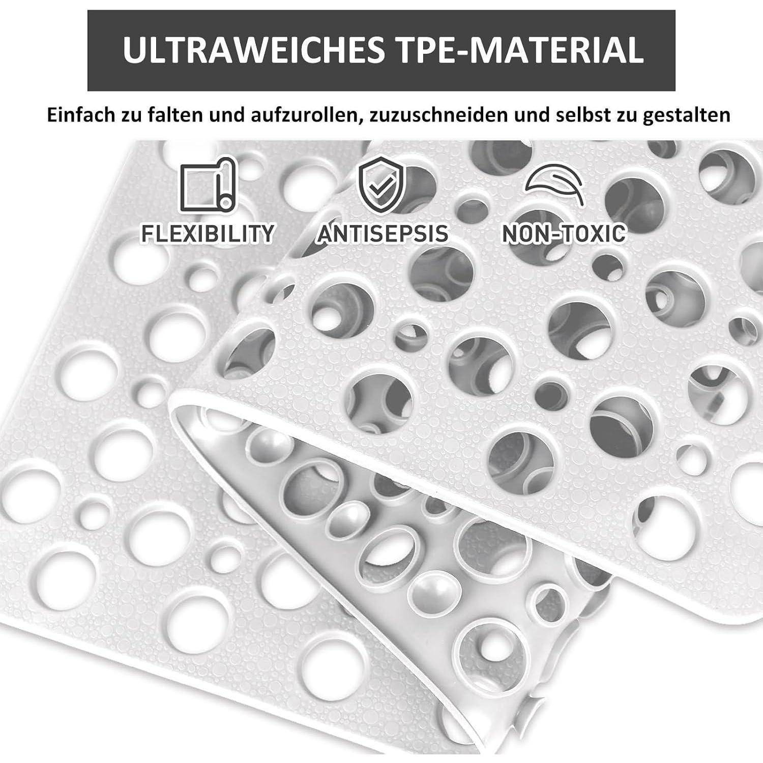 Werbeabbildung von perforiertem weißem TPE-Materialmaterial in Blättern, gefaltet und gerollt, mit den Bezeichnungen 