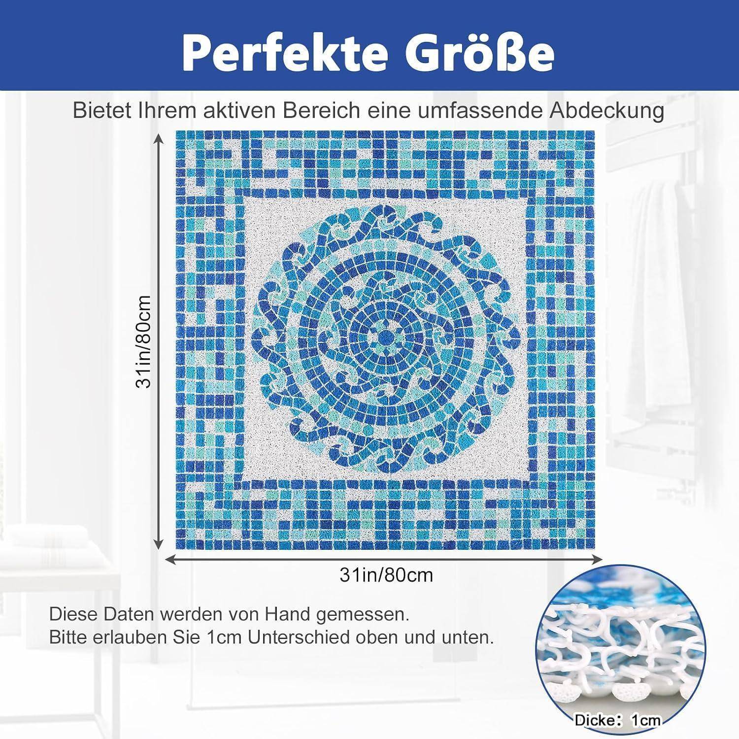 Blauer Mosaikmuster-Quadratteppich oder -Matte, dargestellt als „Perfekte Größe