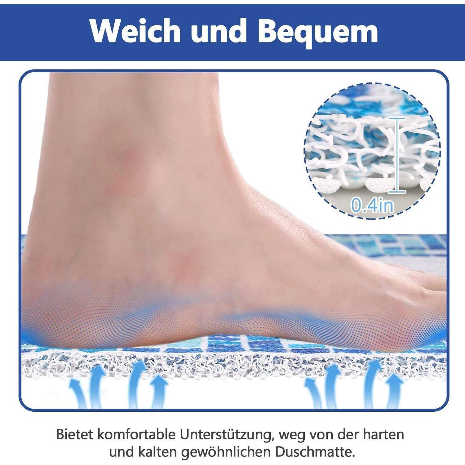 Werbebild eines Fußes auf einer gepolsterten Einlegesohle oder Matte, mit den Bezeichnungen „Weich und Bequem