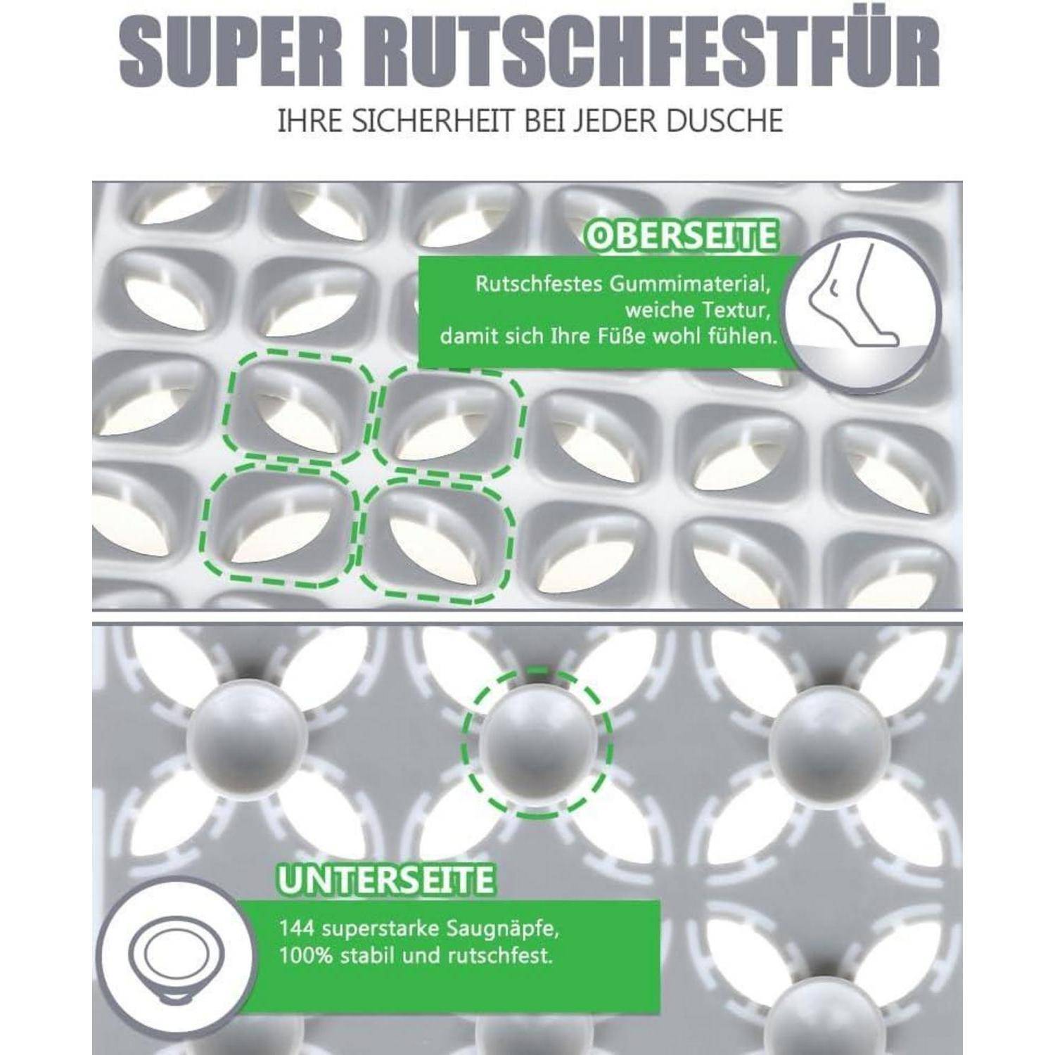 Infografik einer Badematte mit der Oberseite mit rutschfester Gummitextur und der Unterseite mit 144 starken Saugnapfeln für Stabilität und Rutschfestigkeit.