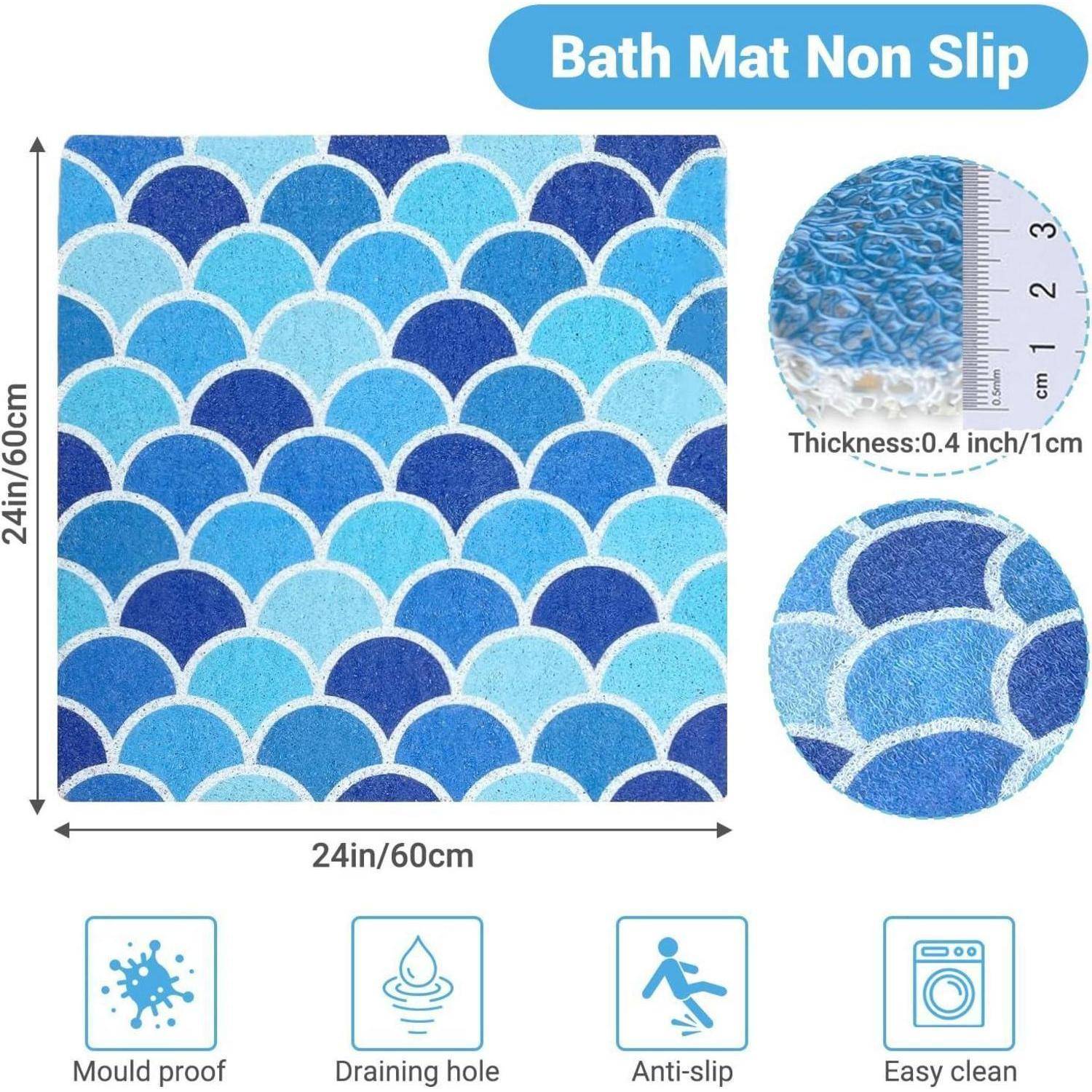 Quadratische blau und türkise Badmatte mit Muschelmuster, 24 x 24 Zoll, 0,4 Zoll dick; gekennzeichnet als schimmelresistent, mit Ablaufloch, rutschfest, leicht zu reinigen.