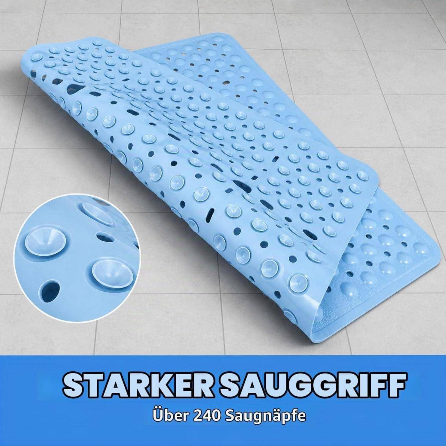 Hellblaue Rutschmatte mit Hunderten von Saugnäpfen; die Vergrößerung zeigt eine Detailaufnahme. Der Text besagt „STARKER SAUGGRIFF" und „Über 240 Saugnäpfe"".