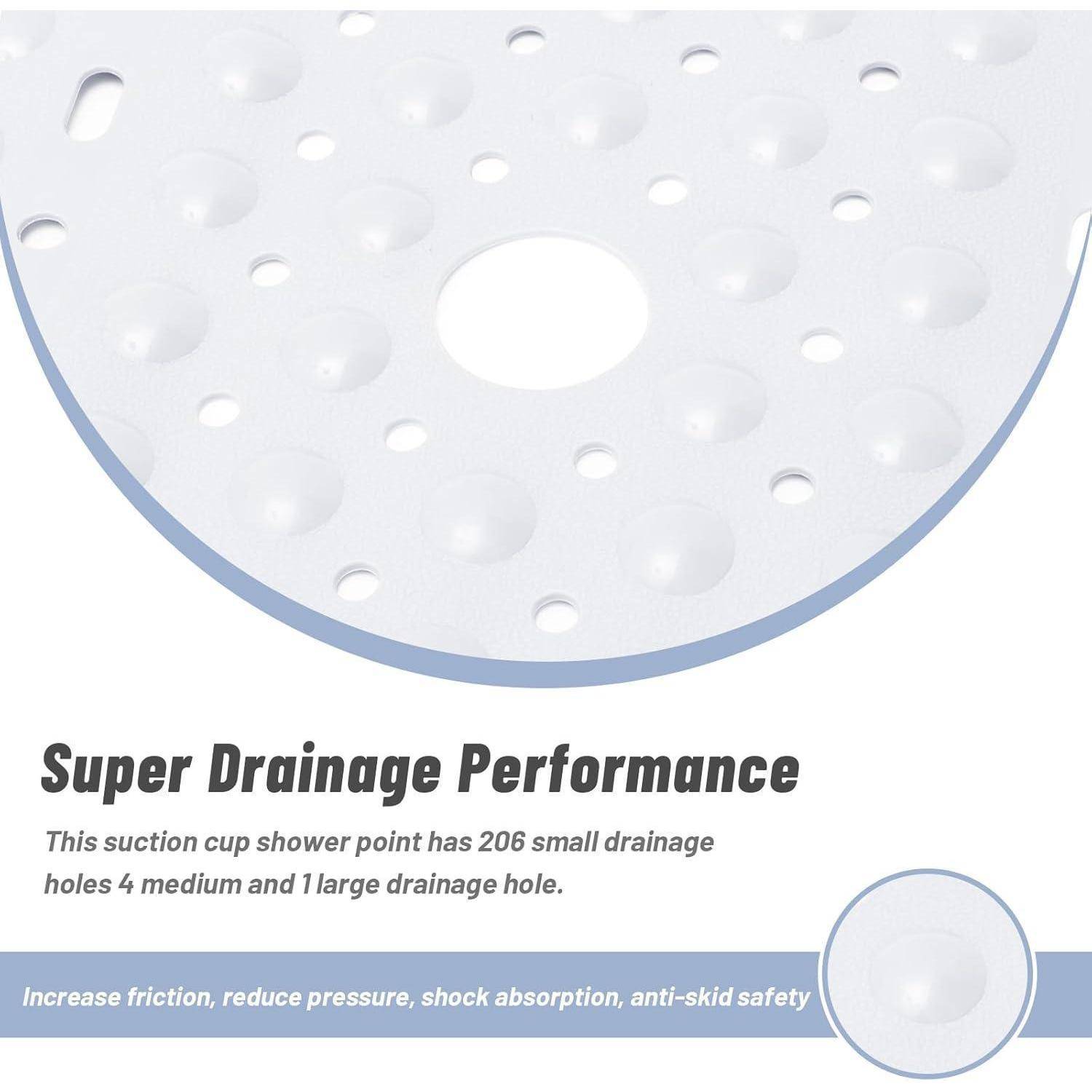 Produktgrafik einer Saugnapf-Duschkopfhalterung mit mehreren Ablöchern, gekennzeichnet mit „Super Drainage Performance