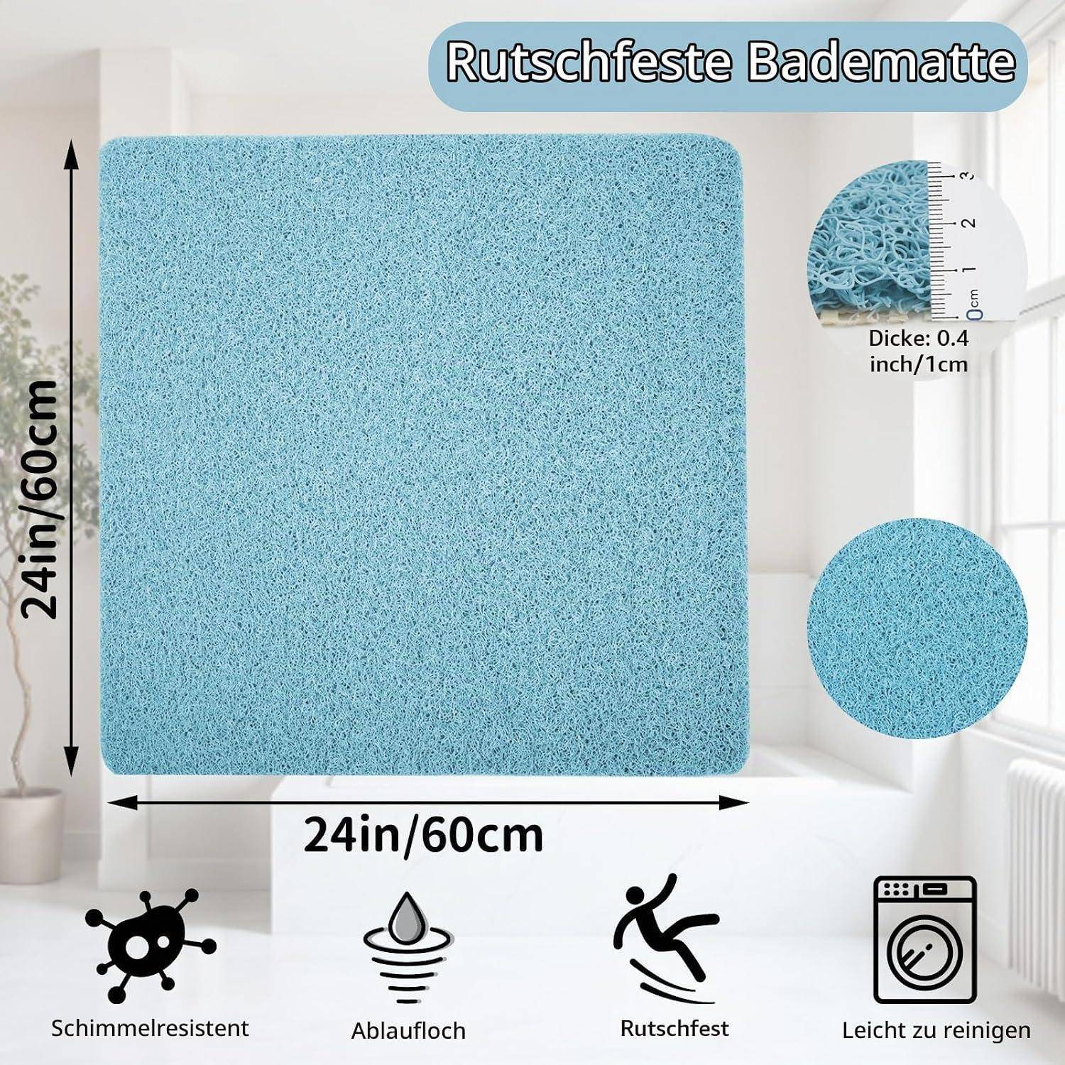 Blaue rutschfeste Badezimmermatte, 24x24 Zoll, 1 cm dick, mit schimmelresistenten, schnellentwässernden und leicht zu reinigenden Eigenschaften.