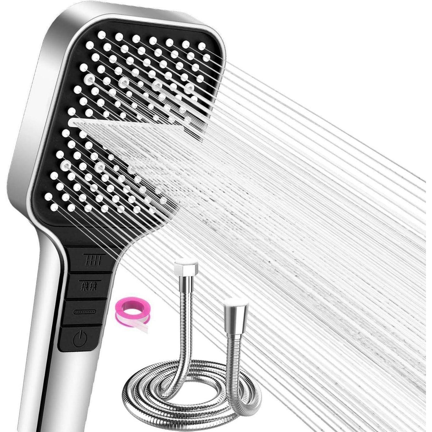 Handbrauseköpf, der Wasser sprüht, mit einem gewundenen Metallschlauch und rosafarbenem Wandmontage-Zubehör, das unten gezeigt wird.