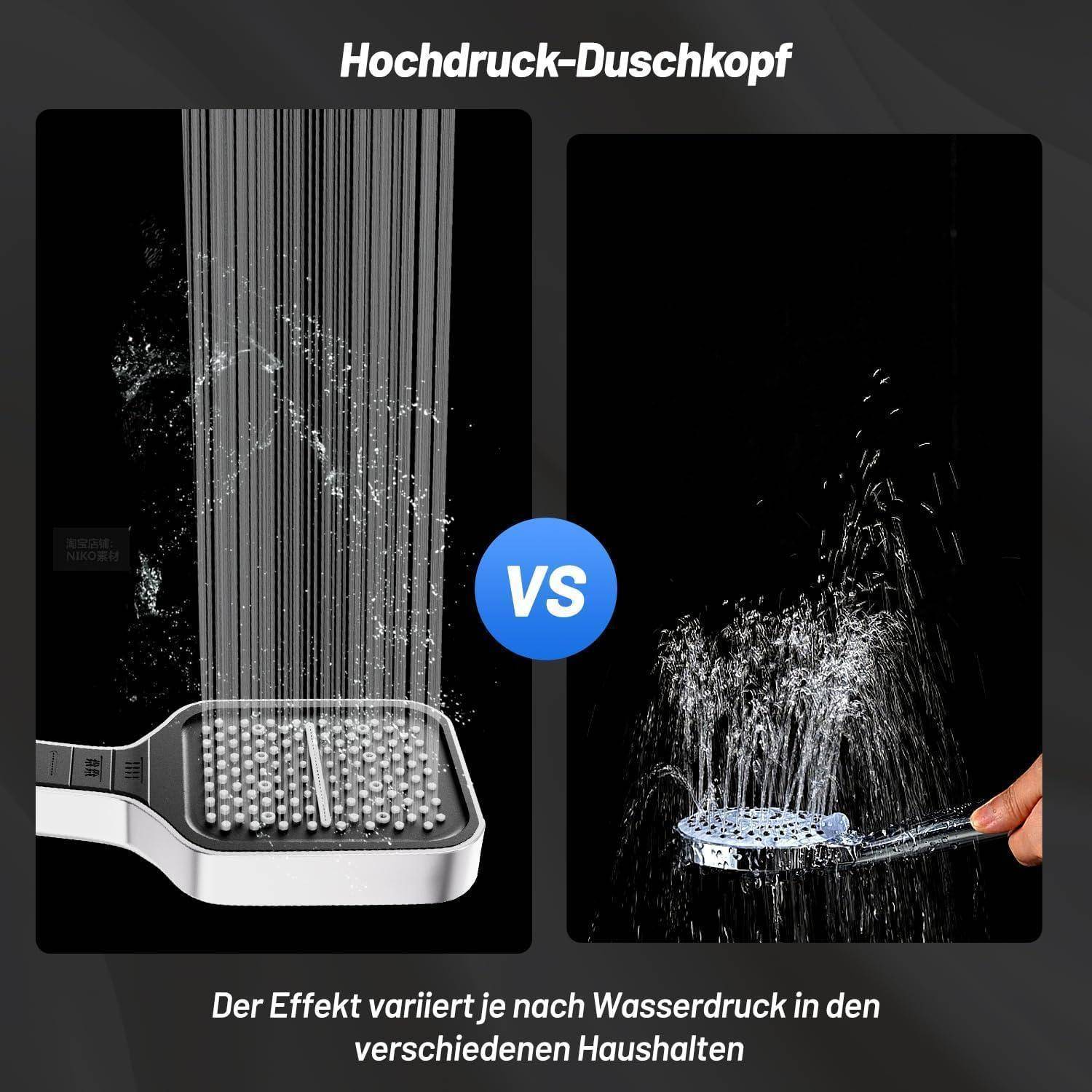 Vergleichsgrafik eines Hochdruck-Duschkopfes: Links sind dichte vertikale Wasserstrahlen zu sehen, rechts ein schwächeres Spray; der Text besagt, dass die Wirkung je nach Wasserdruck im Haushalt variiert.