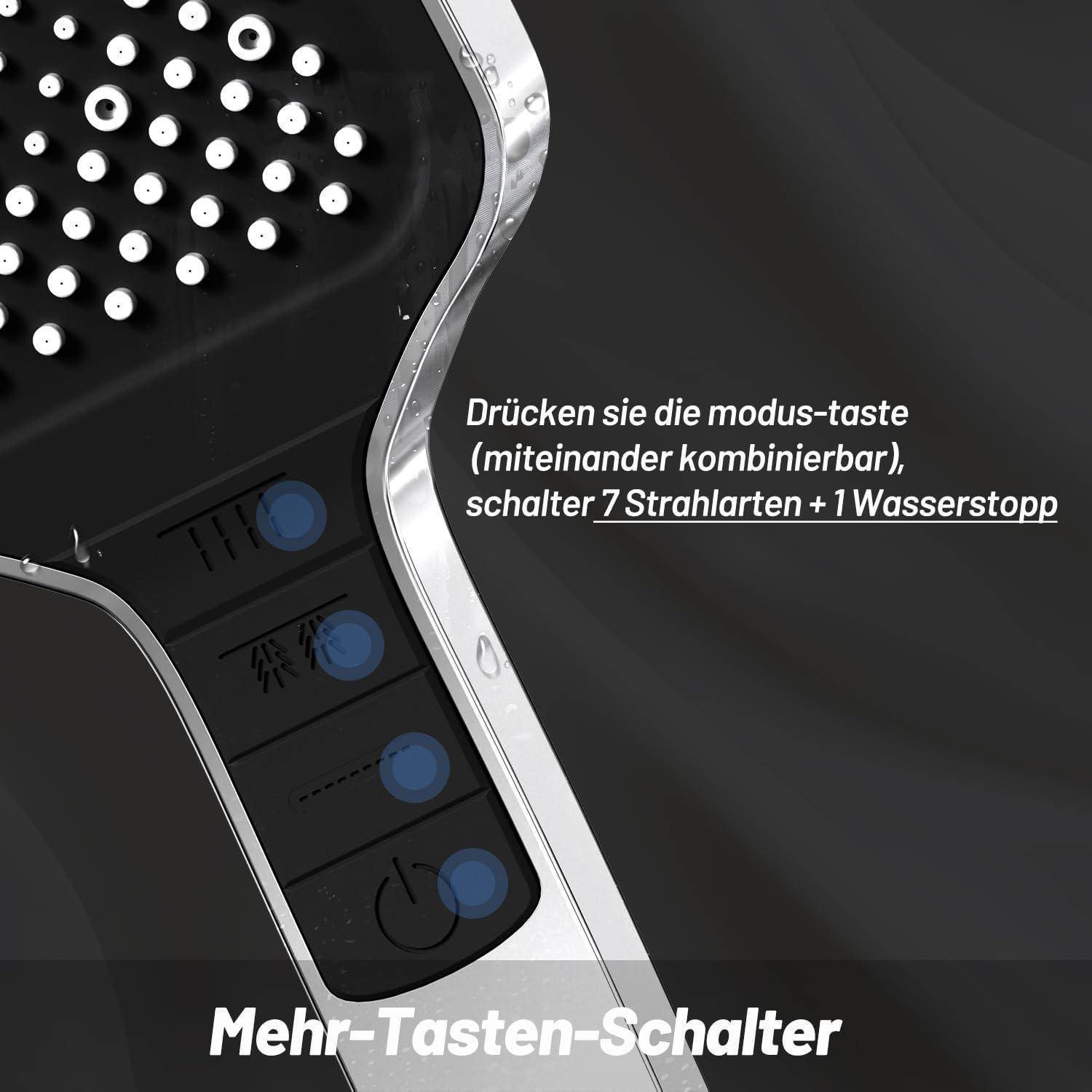 Nahaufnahme eines Duschkopf-Bedienfelds mit vier Modus-Tasten; deutscher Text besagt, dass Sie die Modus-Taste drücken, um zwischen 7 Sprühmustern und einem Wasserstopp umzuschalten.