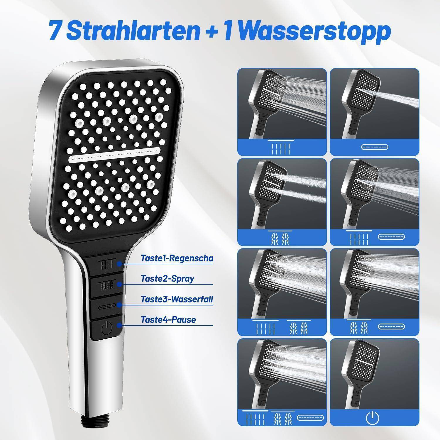Handbrause mit 7 Sprühmuster plus 1 Wasserstopp, beschriftet mit „Taste1-Regensch