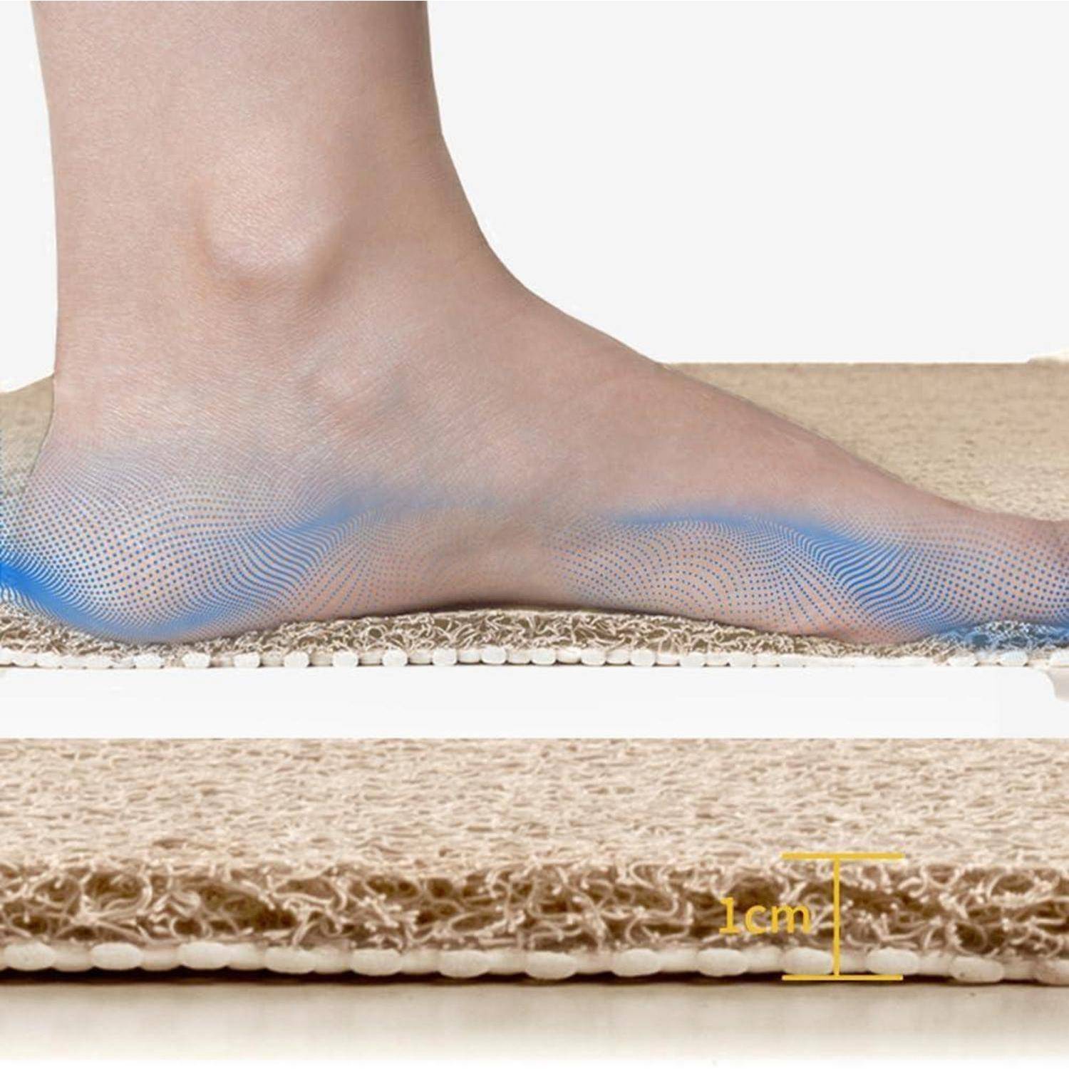 Seitenansicht eines Fußes auf einer gepolsterten Matte, die Kompression von Fußgewölbe und Ferse zeigt; eingefügte Nahaufnahme kennzeichnet die Mattenstärke mit 1 cm.