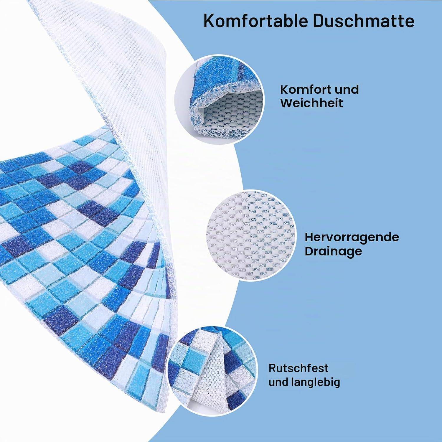 Werbebilder einer blaukarrierten Duschmatte mit Beschriftungen: 'Komfortable Duschmatte', 'Komfort und Weichheit', 'Hervorragende Drainage', und 'Rutschfest und langlebig'.