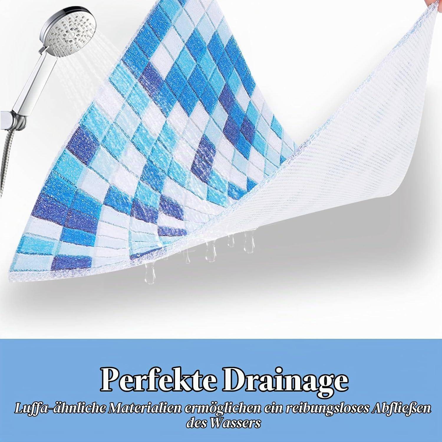 Illustration einer blauen karierten Badematte mit perfekter Drainage unter einem Duschkopf, wobei Wasser ablaufen kann, mit deutschem Text "Perfekte Drainage"" zur Bewerbung eines reibungslosen Wasserlaufs.